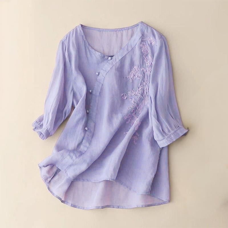 Chemise décontractée ample à manches courtes et boutons grenouille brodés de fleurs Buddha Stones pour femme - Violet moyen - US14，UK/AU18，EU46 (4XL) - image 2