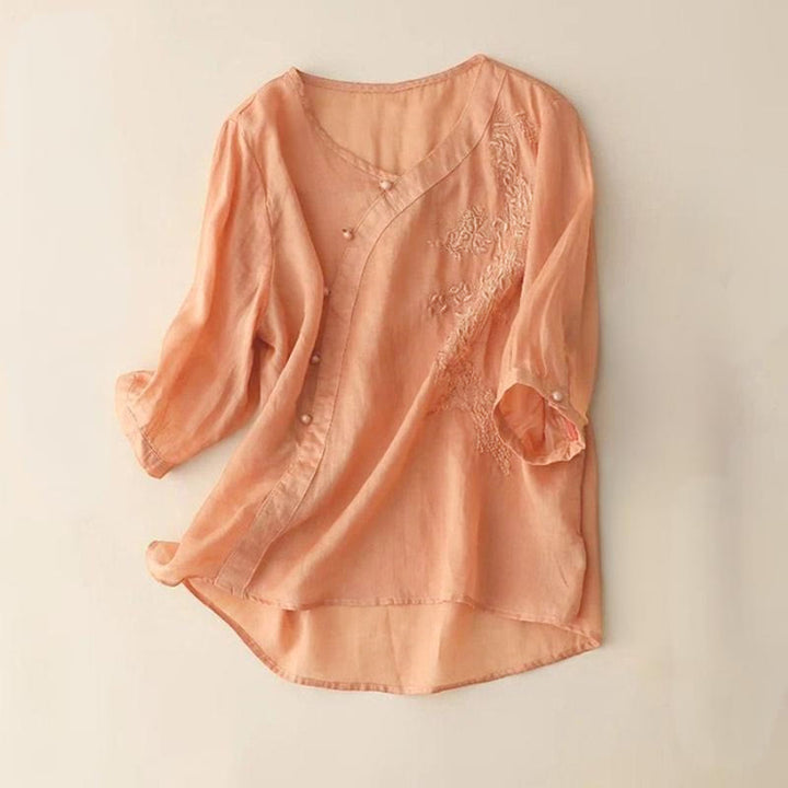 Chemise décontractée ample à manches courtes et boutons grenouille brodés de fleurs Buddha Stones pour femme - Saumon clair - US14，UK/AU18，EU46 (4XL) - image 7