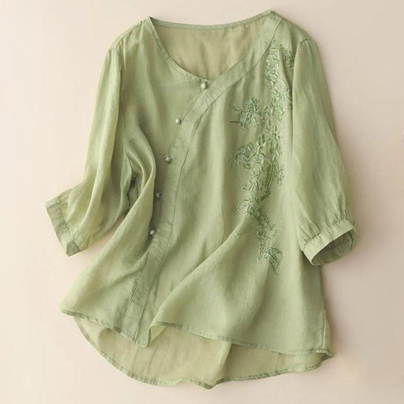 Chemise décontractée ample à manches courtes et boutons grenouille brodés de fleurs Buddha Stones pour femme - JauneVert - US14，UK/AU18，EU46 (4XL) - image 0