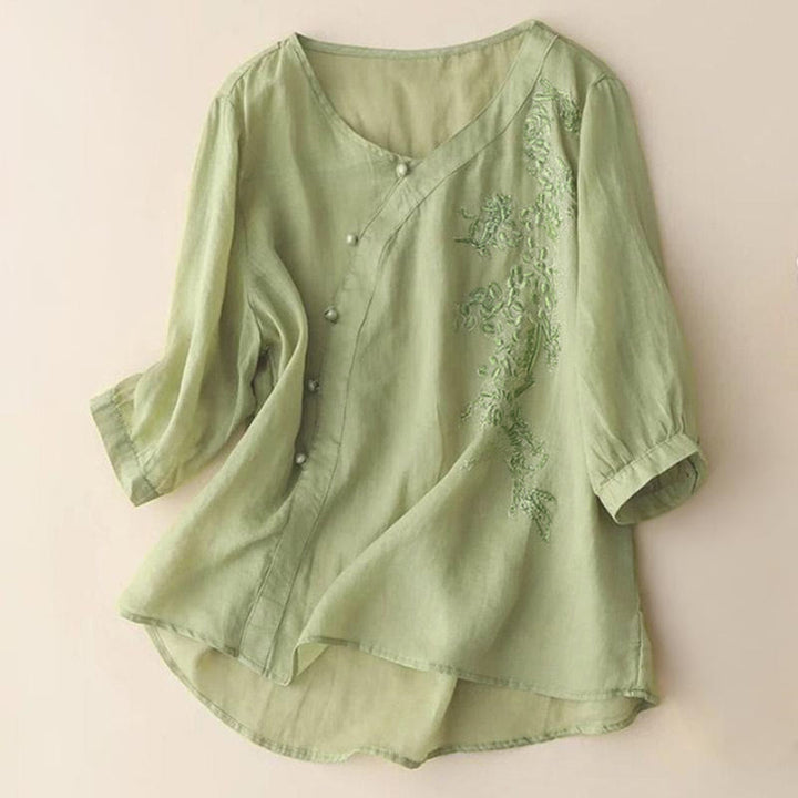 Chemise décontractée ample à manches courtes et boutons grenouille brodés de fleurs Buddha Stones pour femme - JauneVert - US14，UK/AU18，EU46 (4XL) - image 0