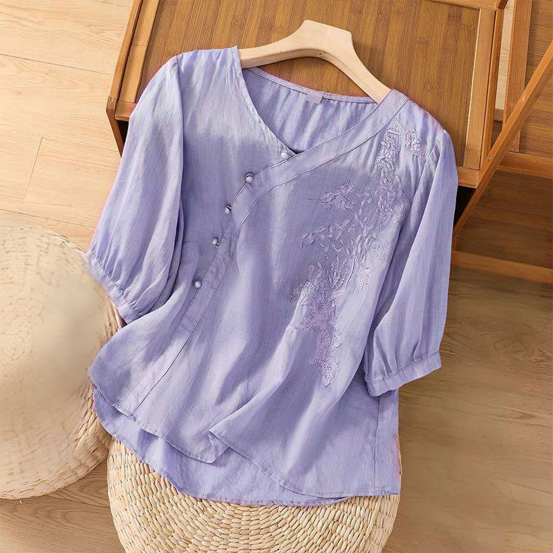 Chemise décontractée ample à manches courtes et boutons grenouille brodés de fleurs Buddha Stones pour femme - image 3