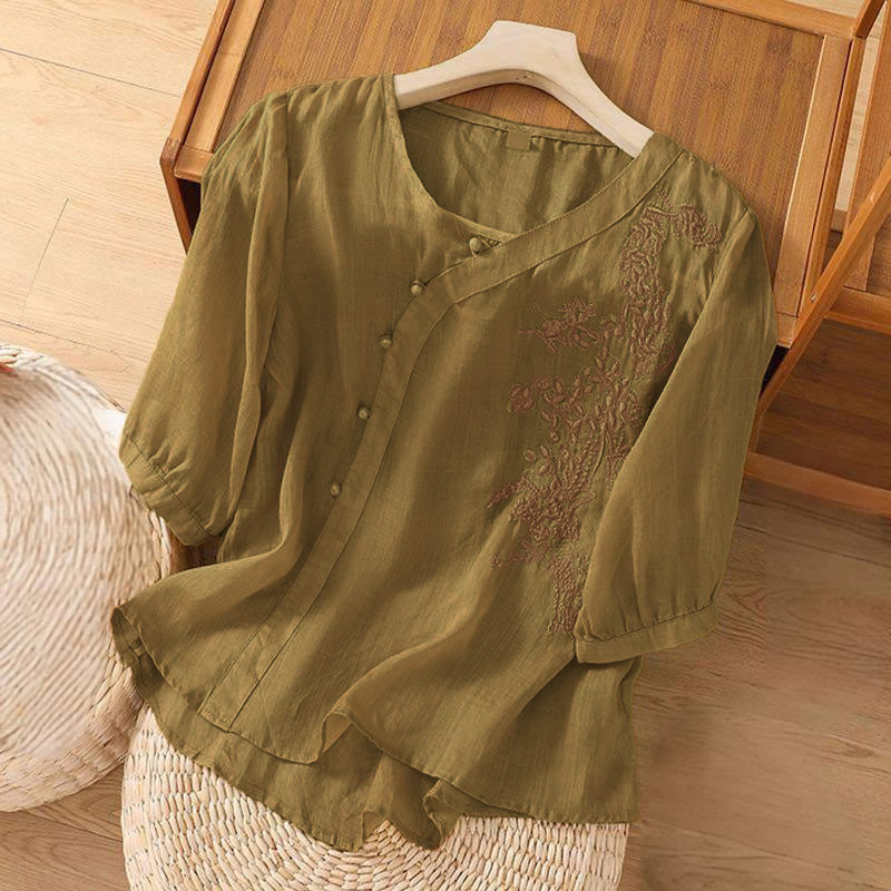 Chemise décontractée ample à manches courtes et boutons grenouille brodés de fleurs Buddha Stones pour femme - image 6