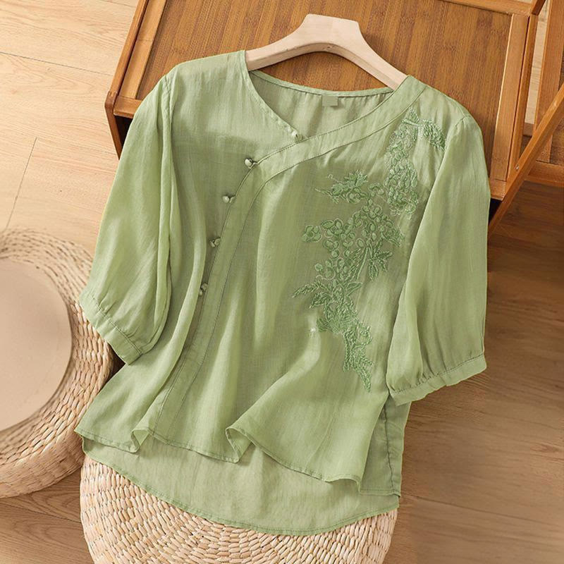 Chemise décontractée ample à manches courtes et boutons grenouille brodés de fleurs Buddha Stones pour femme - image 1