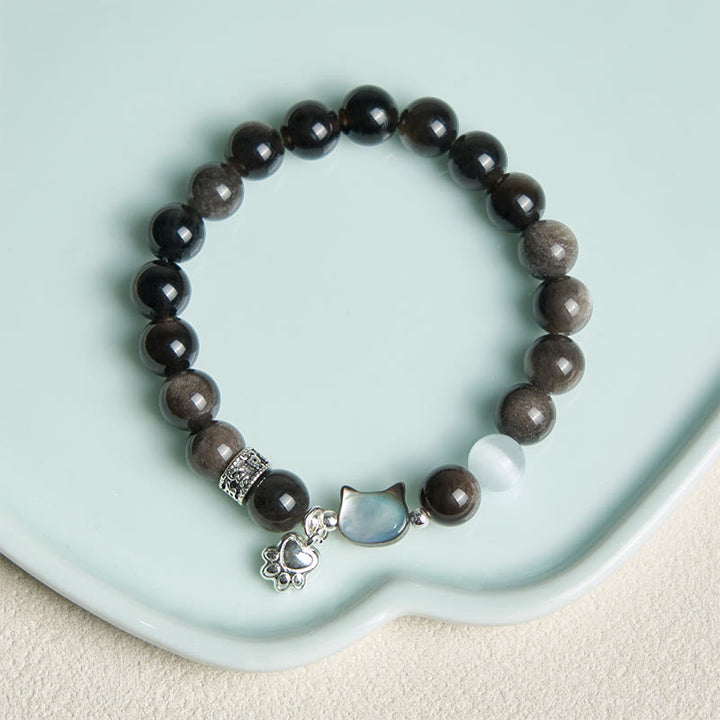 Buddha Stones Bracelet positif en obsidienne œil-de-chat blanc à tête de chat et reflet argenté - image 11