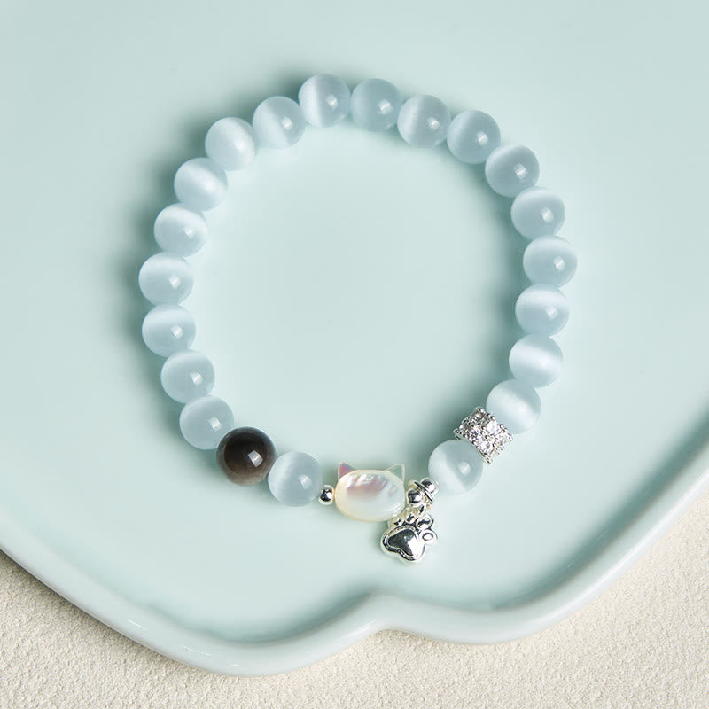 Buddha Stones Bracelet positif en obsidienne œil-de-chat blanc à tête de chat et reflet argenté - image 3