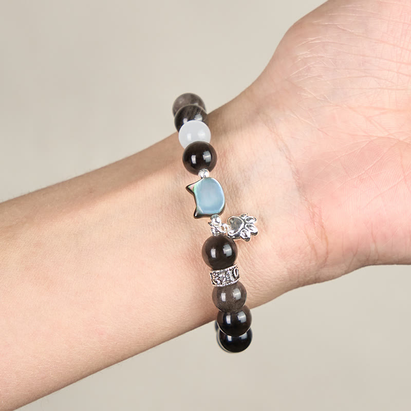 Buddha Stones Bracelet positif en obsidienne œil-de-chat blanc à tête de chat et reflet argenté - image 12