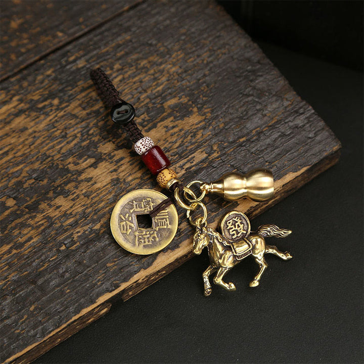 Buddha Stones Année du Cheval Cuivre Laiton Pièces des Cinq Empereurs Pixiu Porte-clés pour éloigner les mauvais esprits - Cheval en forme de gourde des cinq empereurs - image 0