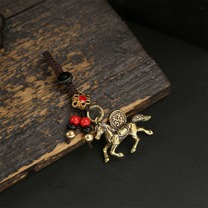 Buddha Stones Année du Cheval Cuivre Laiton Pièces des Cinq Empereurs Pixiu Porte-clés pour éloigner les mauvais esprits - Cheval aux fleurs de pêcher - image 6
