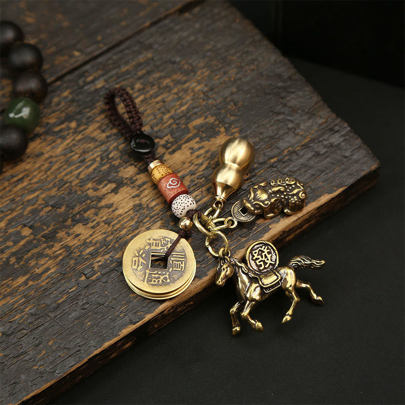 Buddha Stones Année du Cheval Cuivre Laiton Pièces des Cinq Empereurs Pixiu Porte-clés pour éloigner les mauvais esprits - Pièces des Cinq Empereurs PiXiu Gourde Cheval - image 7