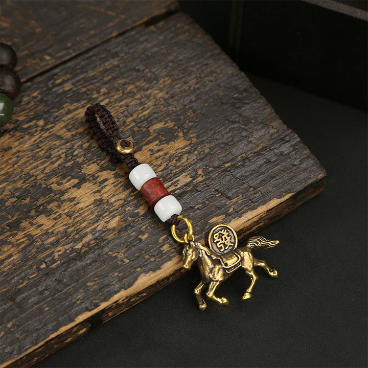 Buddha Stones Année du Cheval Cuivre Laiton Pièces des Cinq Empereurs Pixiu Porte-clés pour éloigner les mauvais esprits - Cheval à perles blanches - image 9