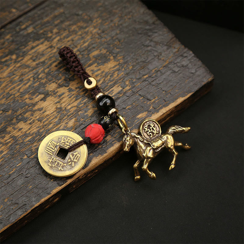 Buddha Stones Année du Cheval Cuivre Laiton Pièces des Cinq Empereurs Pixiu Porte-clés pour éloigner les mauvais esprits - Cheval à perles rouges et noires, cinq pièces de l'empereur - image 10