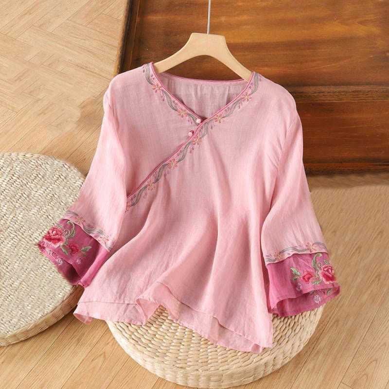 Chemise en coton à manches trois-quarts pour femme, motif Buddha Stones, style rétro, broderie, boutons, printemps - Rose clair - US12, UK/AU16, EU44 (4XL) - image 1