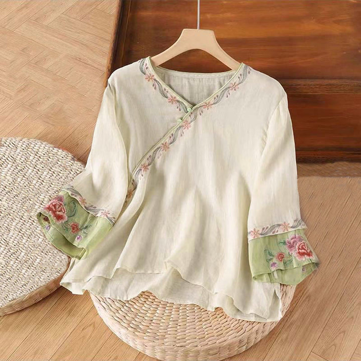 Chemise en coton à manches trois-quarts pour femme, motif Buddha Stones, style rétro, broderie, boutons, printemps - Amandes blanchies - US12, UK/AU16, EU44 (4XL) - image 0