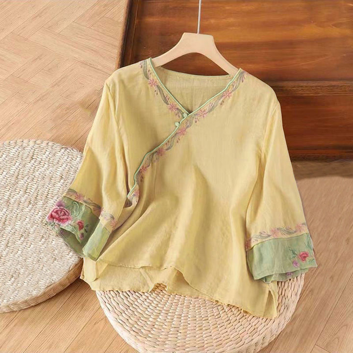 Chemise en coton à manches trois-quarts pour femme, motif Buddha Stones, style rétro, broderie, boutons, printemps - Kaki - US12, UK/AU16, EU44 (4XL) - image 4