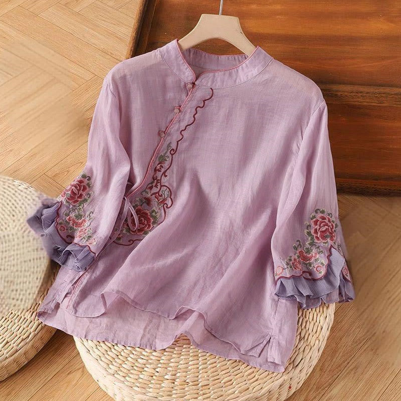 Chemise décontractée ample à manches trois-quarts pour femme avec broderie pivoine et boutons Buddha Stones - Prune - US14，UK/AU18，EU46 (4XL) - image 3