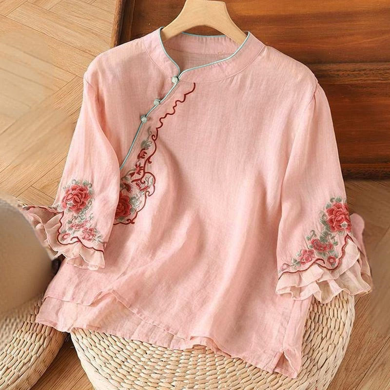 Chemise décontractée ample à manches trois-quarts pour femme avec broderie pivoine et boutons Buddha Stones - Rose - US12, UK/AU16, EU44 (4XL) - image 1