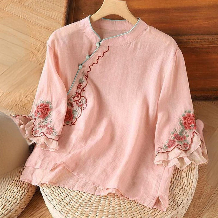 Chemise décontractée ample à manches trois-quarts pour femme avec broderie pivoine et boutons Buddha Stones - Rose - US12, UK/AU16, EU44 (4XL) - image 1