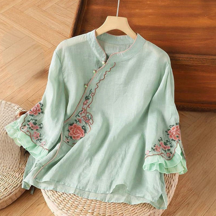 Chemise décontractée ample à manches trois-quarts pour femme avec broderie pivoine et boutons Buddha Stones - Turquoise pâle - US12, UK/AU16, EU44 (4XL) - image 4