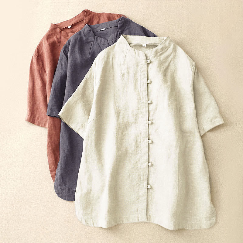 Buddha Stones Chemise d'été pour femme en coton, manches courtes, col montant, fente latérale et boutons brandebourg - image 17