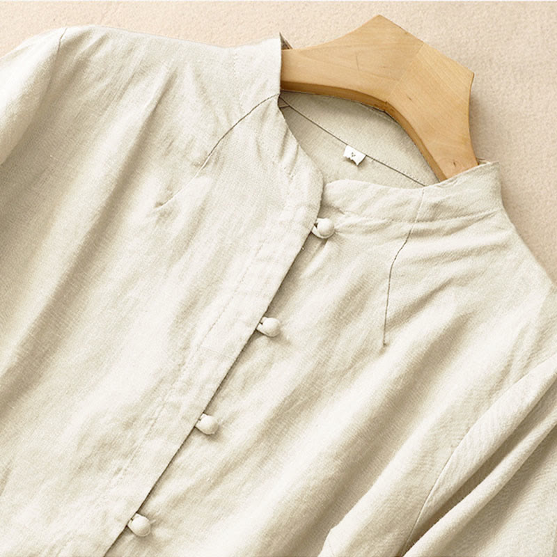 Buddha Stones Chemise d'été pour femme en coton, manches courtes, col montant, fente latérale et boutons brandebourg - image 2