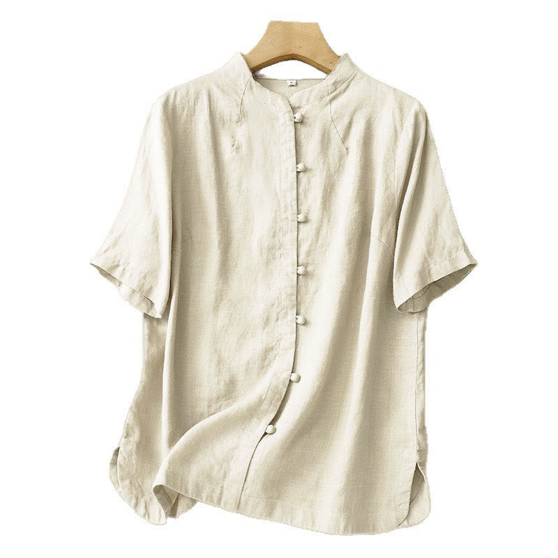 Buddha Stones Chemise d'été pour femme en coton, manches courtes, col montant, fente latérale et boutons brandebourg - image 6