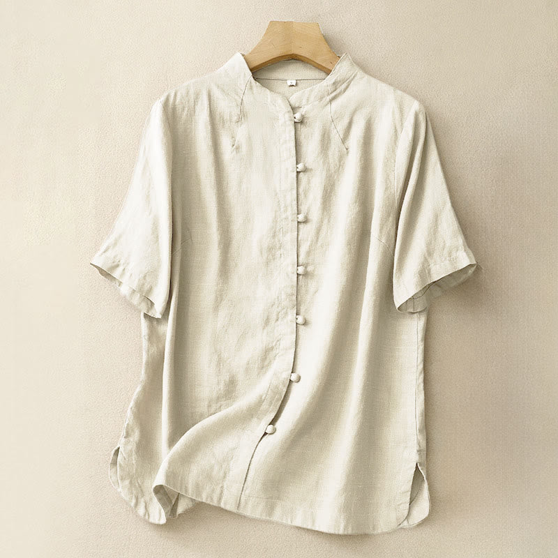 Buddha Stones Chemise d'été pour femme en coton, manches courtes, col montant, fente latérale et boutons brandebourg - Jaune clair - US8-10，UK/AU12-14，EU40-42 (2XL) - image 0