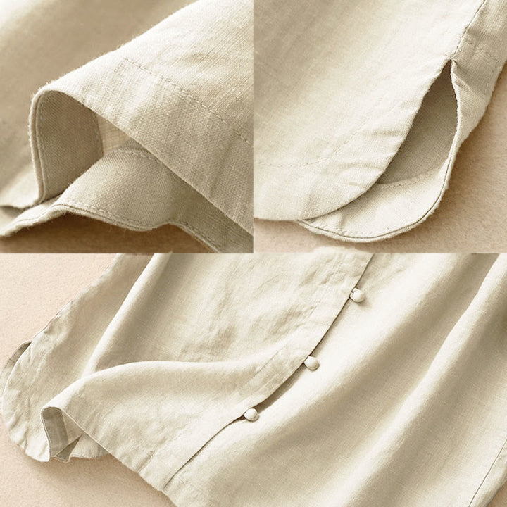 Buddha Stones Chemise d'été pour femme en coton, manches courtes, col montant, fente latérale et boutons brandebourg - image 5