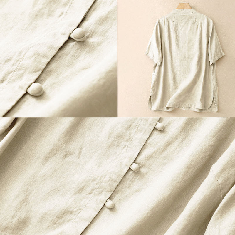 Buddha Stones Chemise d'été pour femme en coton, manches courtes, col montant, fente latérale et boutons brandebourg - image 4