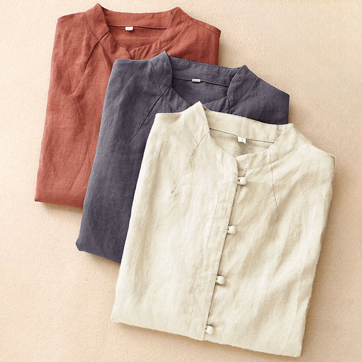 Buddha Stones Chemise d'été pour femme en coton, manches courtes, col montant, fente latérale et boutons brandebourg - image 18