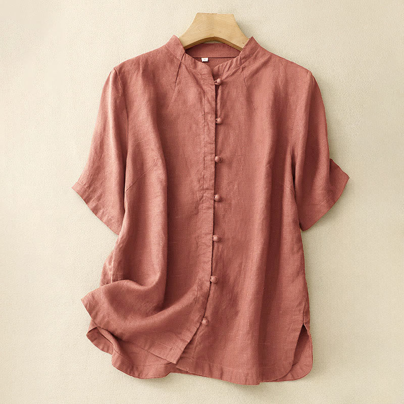 Buddha Stones Chemise d'été pour femme en coton, manches courtes, col montant, fente latérale et boutons brandebourg - Saumon foncé - US8-10，UK/AU12-14，EU40-42 (2XL) - image 7