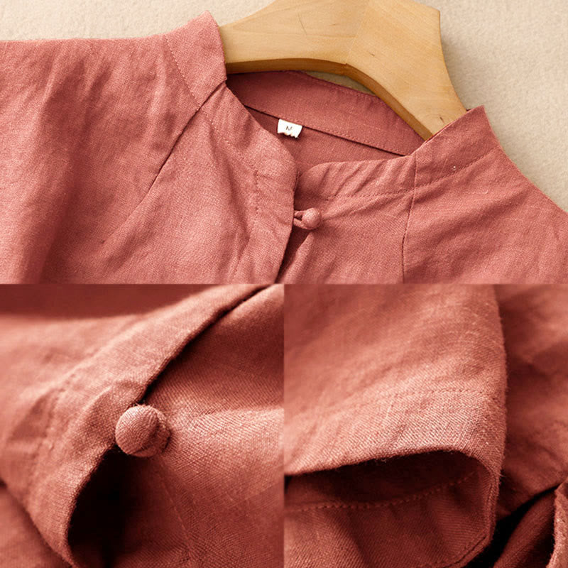 Buddha Stones Chemise d'été pour femme en coton, manches courtes, col montant, fente latérale et boutons brandebourg - image 12