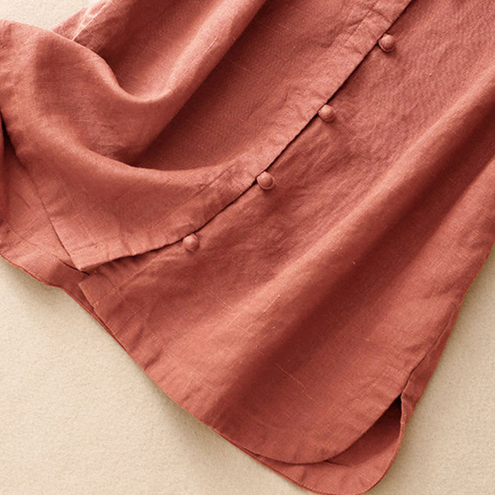Buddha Stones Chemise d'été pour femme en coton, manches courtes, col montant, fente latérale et boutons brandebourg - image 10