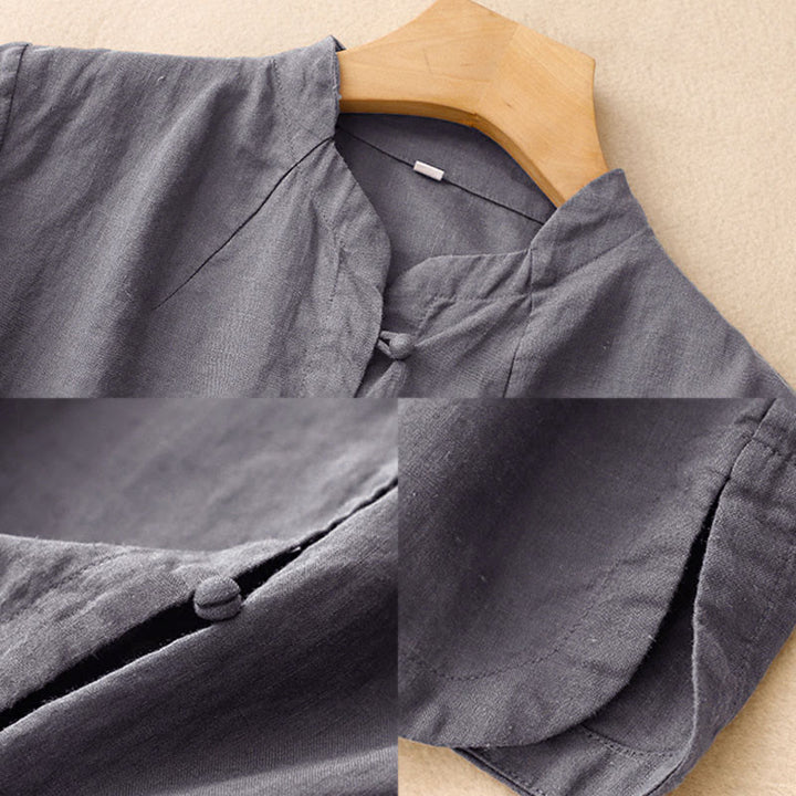 Buddha Stones Chemise d'été pour femme en coton, manches courtes, col montant, fente latérale et boutons brandebourg - image 16