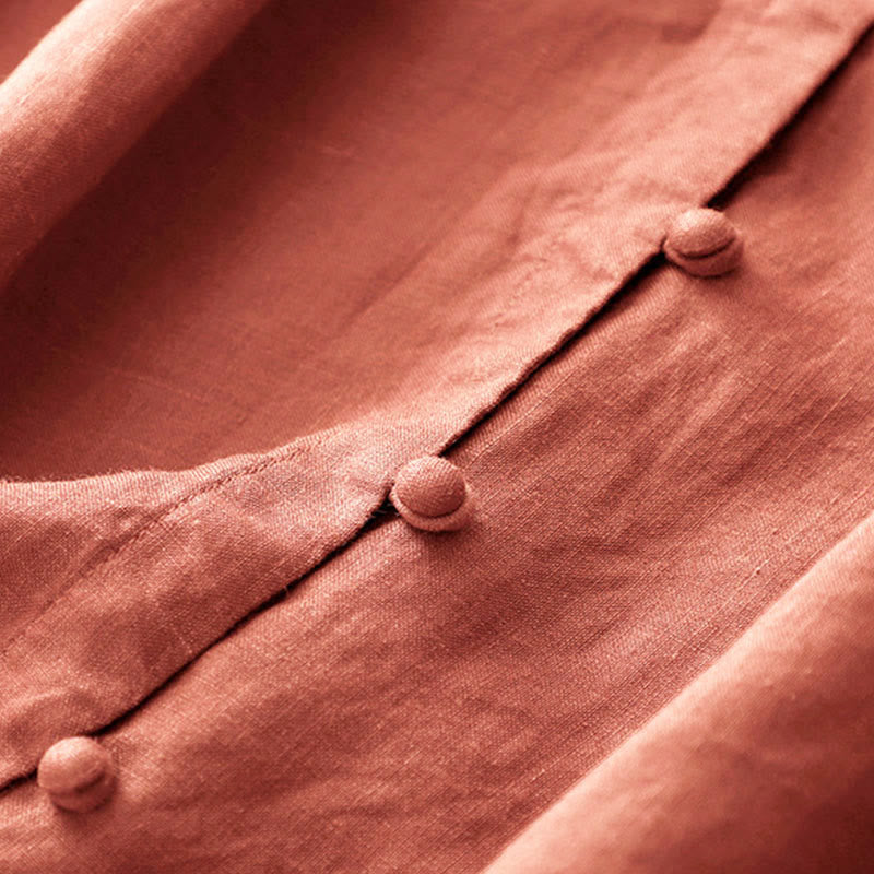 Buddha Stones Chemise d'été pour femme en coton, manches courtes, col montant, fente latérale et boutons brandebourg - image 8