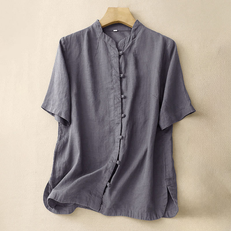Buddha Stones Chemise d'été pour femme en coton, manches courtes, col montant, fente latérale et boutons brandebourg - Gris ardoise - US8-10，UK/AU12-14，EU40-42 (2XL) - image 13