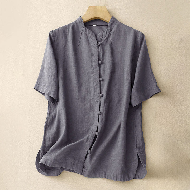 Buddha Stones Chemise d'été pour femme en coton, manches courtes, col montant, fente latérale et boutons brandebourg - Gris ardoise - US8-10，UK/AU12-14，EU40-42 (2XL) - image 13