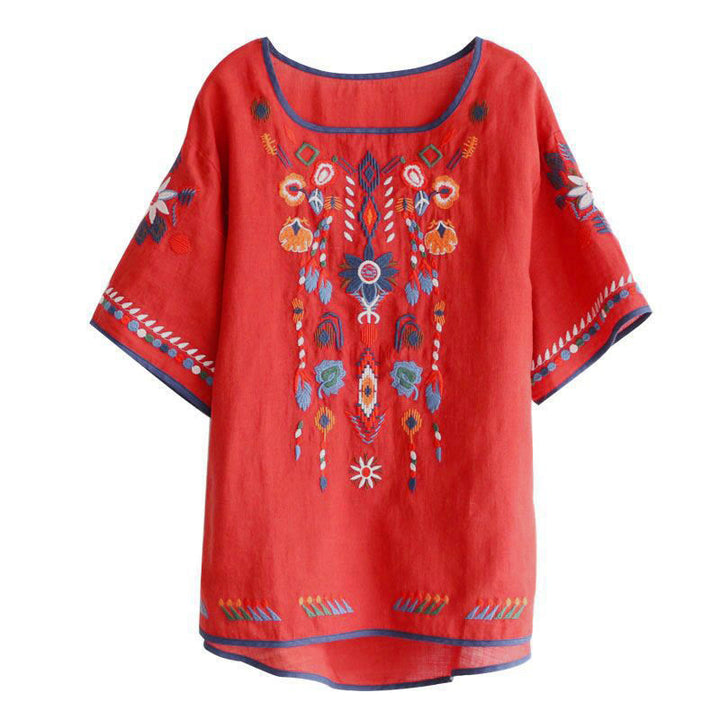 T-shirt à manches courtes en coton et lin pour femme, motif floral rétro brodé artistique, motif Buddha Stones, col ras du cou - image 13