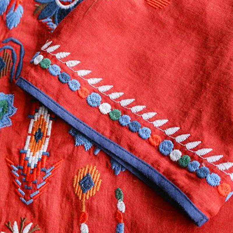 T-shirt à manches courtes en coton et lin pour femme, motif floral rétro brodé artistique, motif Buddha Stones, col ras du cou - image 10