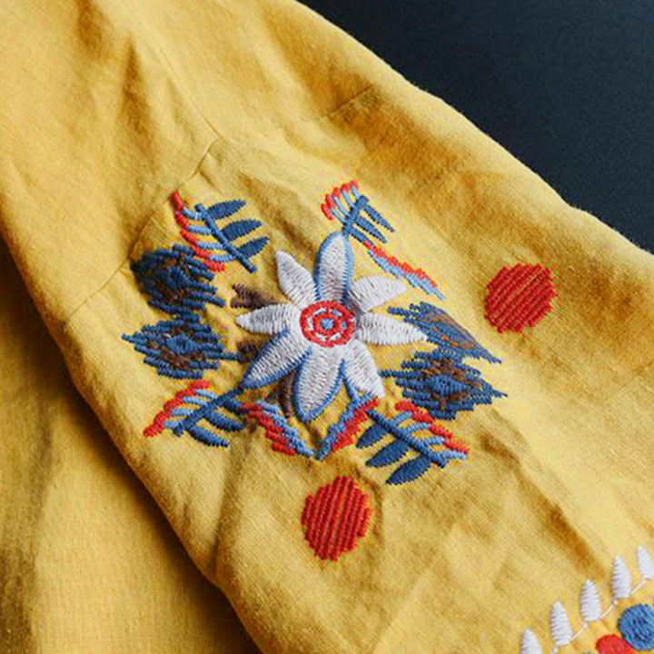 T-shirt à manches courtes en coton et lin pour femme, motif floral rétro brodé artistique, motif Buddha Stones, col ras du cou - image 16