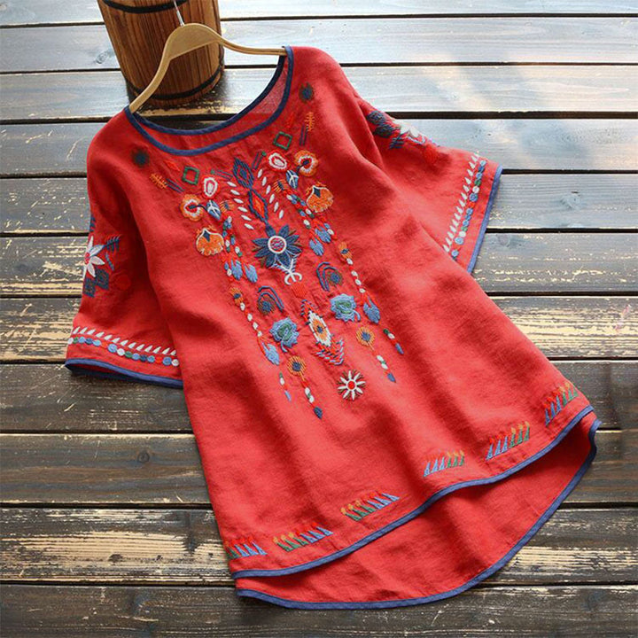 T-shirt à manches courtes en coton et lin pour femme, motif floral rétro brodé artistique, motif Buddha Stones, col ras du cou - Rouge - US14，UK/AU18，EU46 (4XL) - image 8