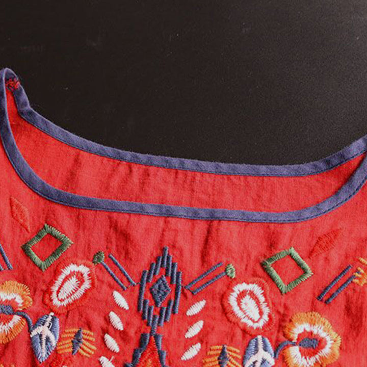 T-shirt à manches courtes en coton et lin pour femme, motif floral rétro brodé artistique, motif Buddha Stones, col ras du cou - image 9