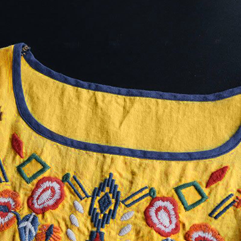 T-shirt à manches courtes en coton et lin pour femme, motif floral rétro brodé artistique, motif Buddha Stones, col ras du cou - image 15