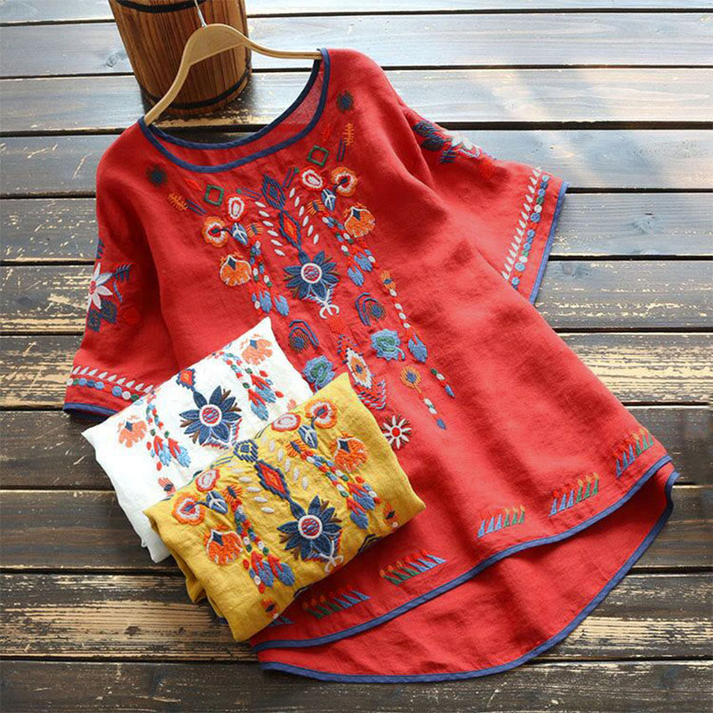 T-shirt à manches courtes en coton et lin pour femme, motif floral rétro brodé artistique, motif Buddha Stones, col ras du cou - image 12