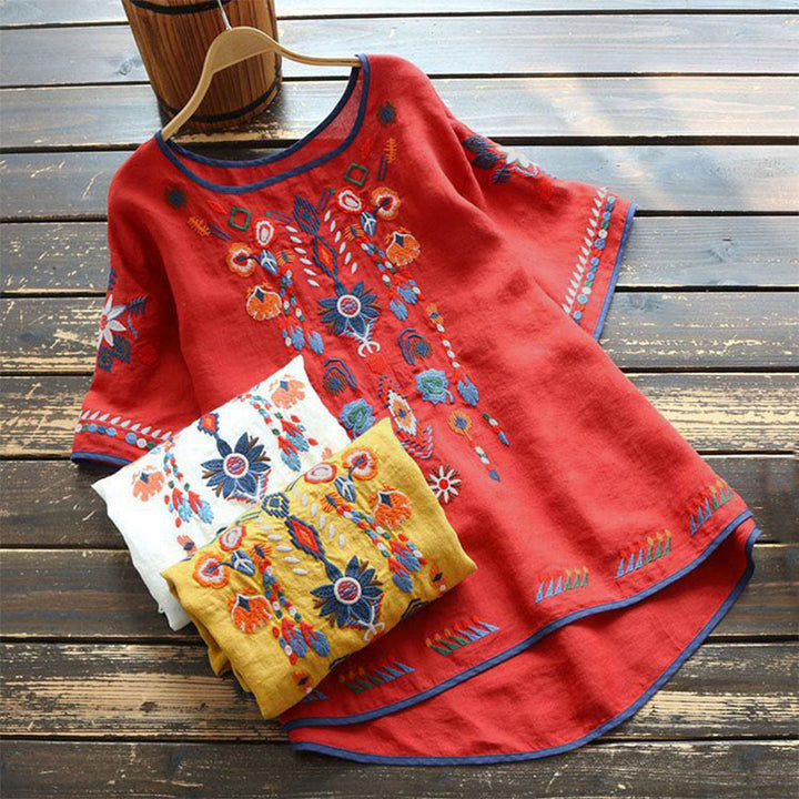 T-shirt à manches courtes en coton et lin pour femme, motif floral rétro brodé artistique, motif Buddha Stones, col ras du cou - image 12