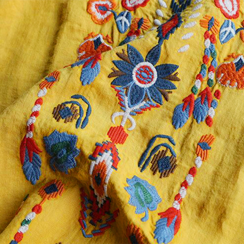 T-shirt à manches courtes en coton et lin pour femme, motif floral rétro brodé artistique, motif Buddha Stones, col ras du cou - image 17