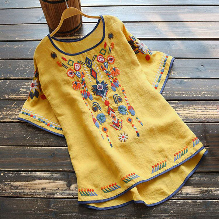 T-shirt à manches courtes en coton et lin pour femme, motif floral rétro brodé artistique, motif Buddha Stones, col ras du cou - Jaune - US14，UK/AU18，EU46 (4XL) - image 14