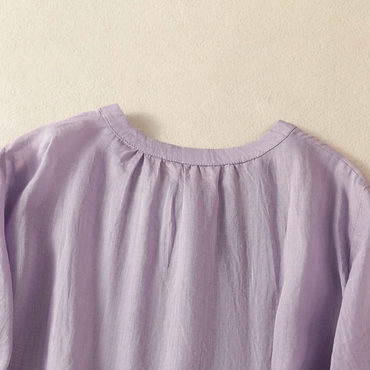 Buddha Stones Chemise à manches courtes pour femme, ornée de broderies florales d'été, à lacets et col cranté - image 3