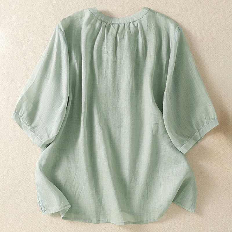 Buddha Stones Chemise à manches courtes pour femme, ornée de broderies florales d'été, à lacets et col cranté - image 7