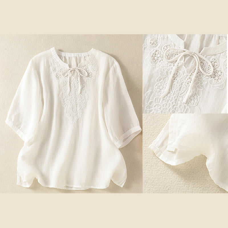 Buddha Stones Chemise à manches courtes pour femme, ornée de broderies florales d'été, à lacets et col cranté - image 14