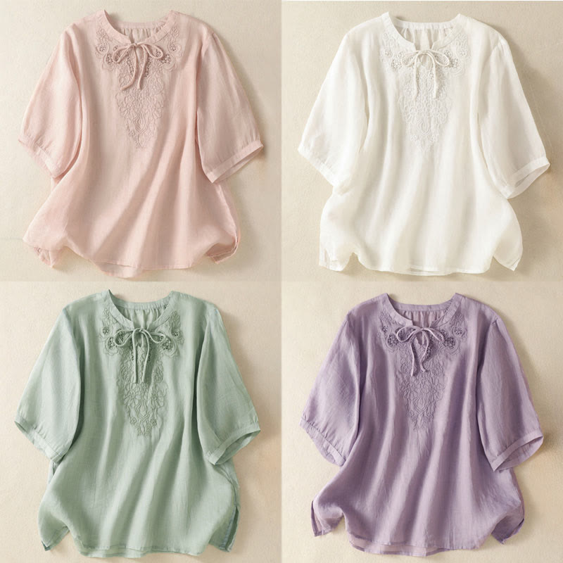 Buddha Stones Chemise à manches courtes pour femme, ornée de broderies florales d'été, à lacets et col cranté - image 25